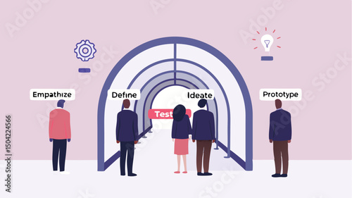 Illustration of design thinking process with people and archways representing stages of development