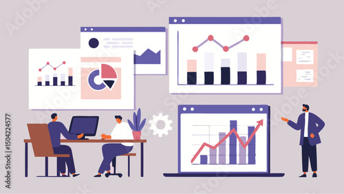 Analyzing data with charts and graphs in a collaborative workspace setting with computers and teamwork shown