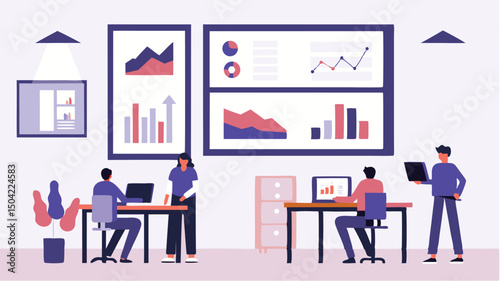 A vibrant office scene featuring employees working with data visualizations and modern workspace design elements