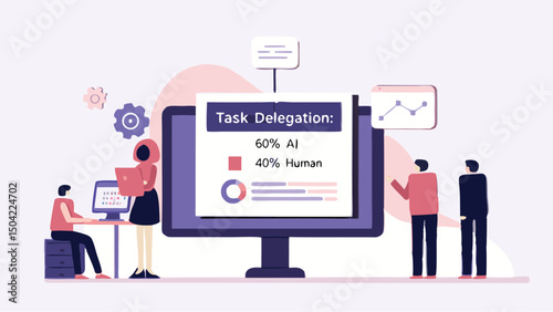 Illustration depicting task delegation with ai and human roles displayed on a computer screen in an office setting