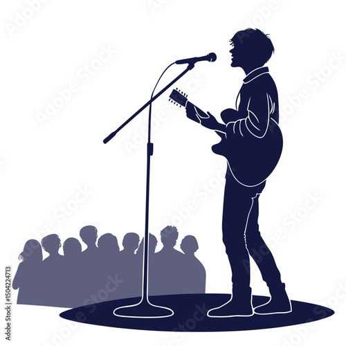 Solid black silhouette of a guitarist strumming, vector EPS