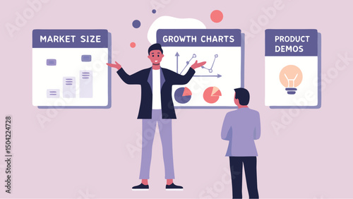 Man presenting market size growth charts and product demos to another man in a light purple room
