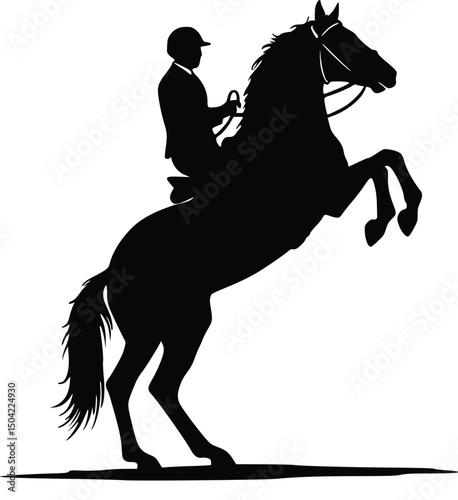 Silhouette of skilled equestrian rider on horse rearing up, highlighting strength, balance, and dressage grace