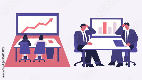Two business meetings with charts displayed on screens showing different performance trends in office space