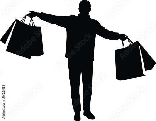 Black silhouette of a shopper carrying multiple bags in both arms, representing consumer behavior or shopping spree