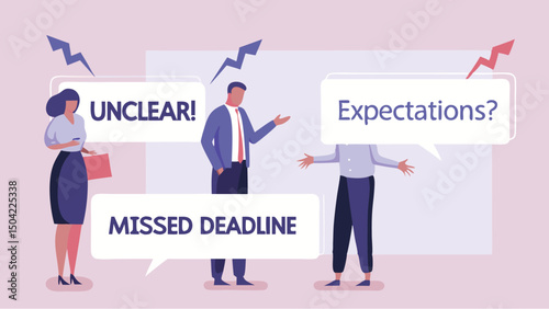 Illustration of three people with speech bubbles indicating miscommunication and unmet expectations at work