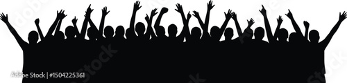 Black silhouette of excited crowd raising hands in celebration at concert, sporting event, or live performance