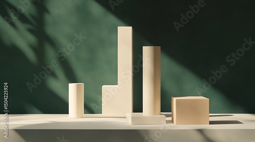 Abstract Geometric Shapes on Green Background with Leaf Shadows for Product Display. photo