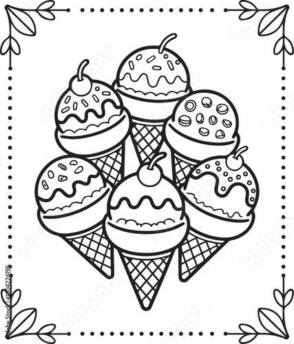 Cute kawaii ice cream cartoon line art vector for kids coloring page design
