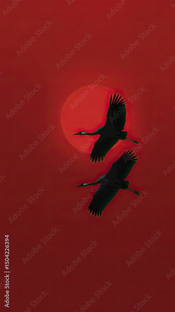 Fototapeta premium Two cranes flying in the sky, red background, circular sun setting behind them
