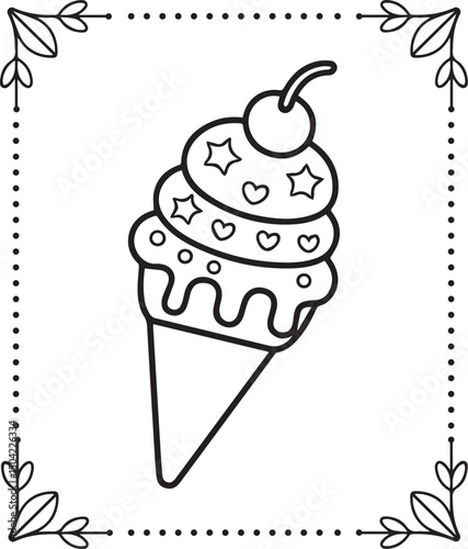 Cute kawaii ice cream cartoon line art vector for kids coloring page design