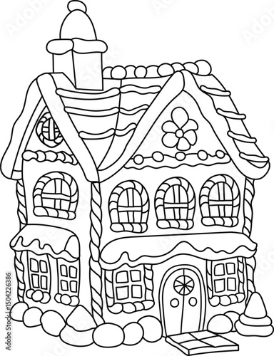 gingerbread house vector coloring book, christmas image, for relaxation and antistress, children's coloring new year, house of sweets contours