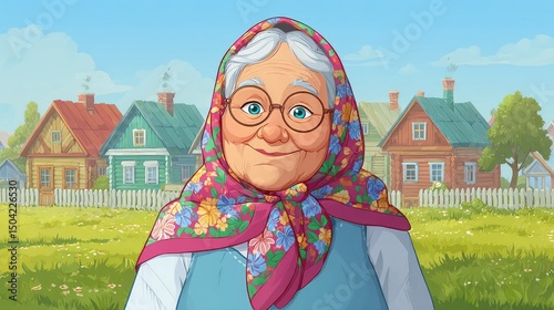 A cheerful grandmother with glasses and a headscarf