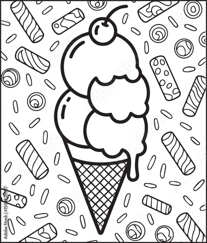 Cute kawaii ice cream cartoon line art vector for kids coloring page design