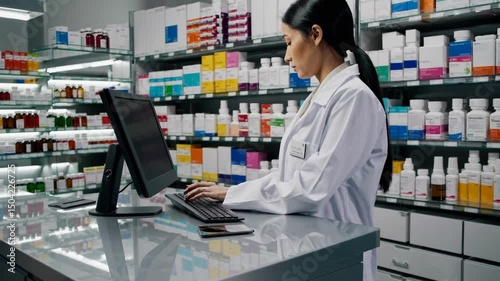 Pharmacist working at computer in modern pharmacy with shelves of medicine  