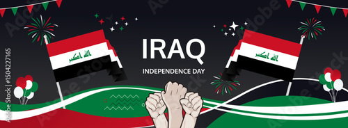 Iraq Independence Day modern greeting banner. 3 October Happy National Day. Festive horizontal background with flag colors, great for carnival poster, tourism campaign, holidays flash sale