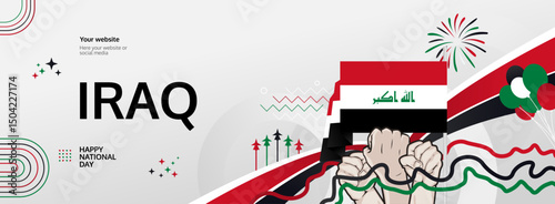 Iraq Independence Day modern greeting banner. 3 October Happy National Day. Festive horizontal background with flag colors, great for carnival poster, tourism campaign, holidays flash sale