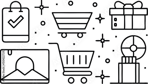 Online Shopping and E commerce Icons in Black and White Outline Style