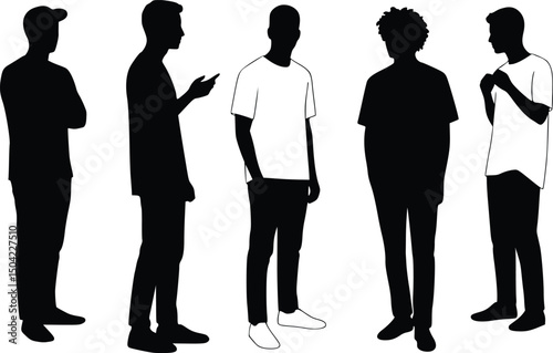 Silhouettes of five individuals standing in a row with unique postures and gestures reflecting casual social interaction

