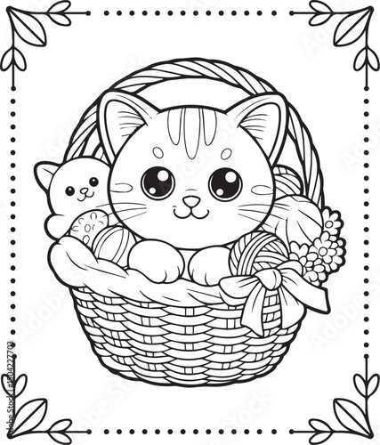 Cute cartoon adorable cat sleeping in basket coloring pages for kids, vector outline illustration for children book design