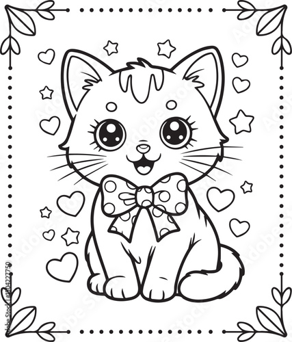 Cute cartoon adorable cat wearing bow on doodle background coloring pages for kids, vector outline illustration for children book design