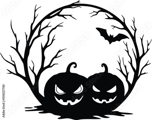 Silhouette illustration of two jack-o'-lanterns, a twisted tree, and bats for eerie and spooky halloween decorations or designs