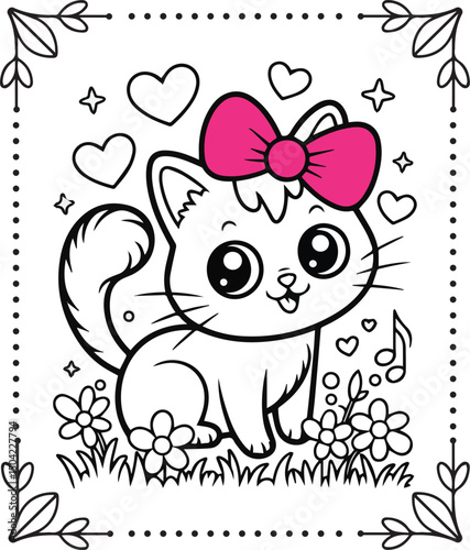 Cute cartoon adorable cat wearing bow on doodle background coloring pages for kids, vector outline illustration for children book design