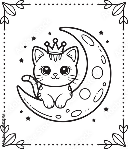 Cute cartoon adorable cat on moon coloring pages for kids, vector outline illustration for children book design