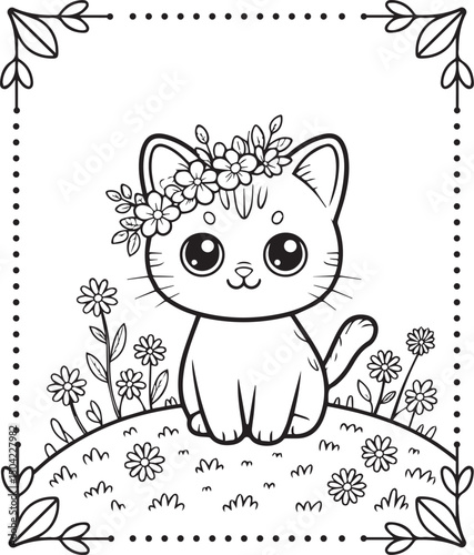 Cute cartoon adorable cat with flowers coloring pages for kids, vector outline illustration for children book design