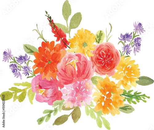 yellow chrysanthemum, dahlia, rose,, aster and and pink peony bouquet watercolor