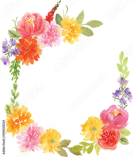 yellow chrysanthemum, dahlia, rose, aster and and pink peony  watercolor frame