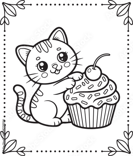 Cute cartoon adorable cat with cupcake coloring pages for kids, vector outline illustration for children book design