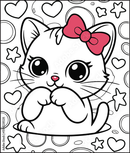 Cute cartoon adorable cat wearing bow on doodle background coloring pages for kids, vector outline illustration for children book design