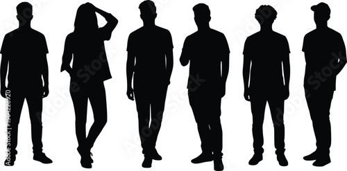 Silhouette illustration of six individuals in various dynamic poses, including walking, standing, and gesturing for teamwork visuals