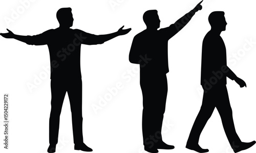 Silhouette illustration of three men in action poses including pointing, walking, and standing for teamwork or leadership themes