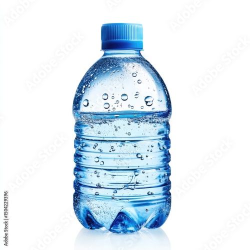 A small plastic water bottle filled with clear water and bubbles, capped and standing upright against a white background, symbolizing hydration and freshness.