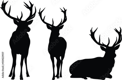 Silhouette illustration of three majestic deer in various poses standing, resting, and grazing perfect for wildlife themes