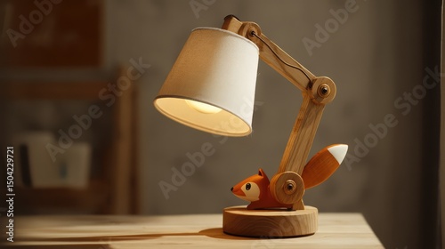 A creative desk lamp designed to resemble a wooden robot with adjustable joints and a modern white lampshade, blending function with playful artistic design.