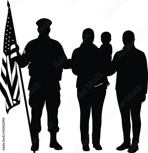 Silhouette illustration of a soldier holding the american flag, standing beside civilians in a tribute to military service and patriotism

