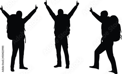Silhouette illustration of three hikers expressing joy and adventure, with one jumping and another raising arms in celebration