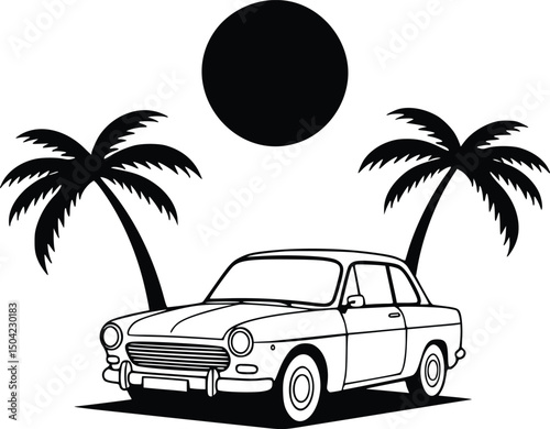 Black and white illustration of a vintage classic car parked under tropical palm trees with a glowing full moon at night
