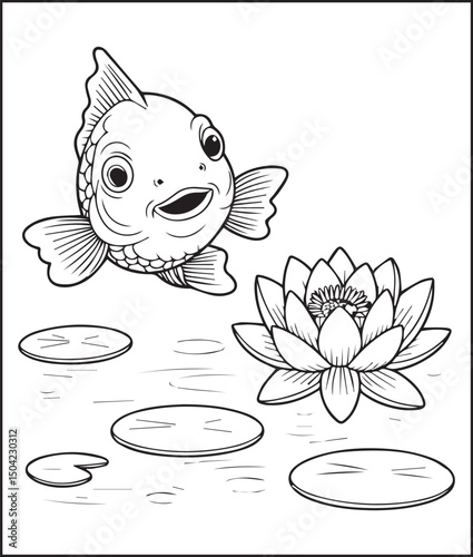Beautiful koi fish with flower on water vector outline illustration for kids coloring book design