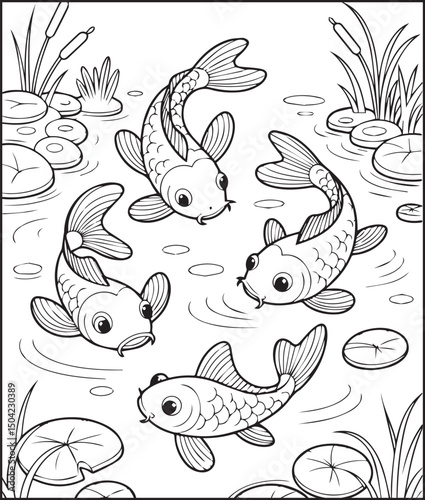 Beautiful koi fishes playing on water vector outline illustration for kids coloring book design
