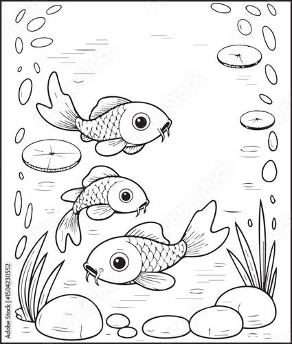 Beautiful koi fishes playing on water vector outline illustration for kids coloring book design