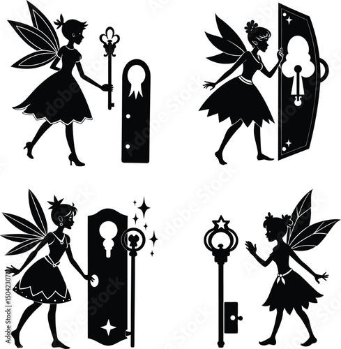 Black and white fairy silhouette set with magic keys and doors illustration