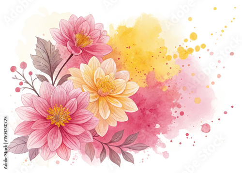 Watercolor floral background with pink and yellow dahlias for spring and summer design ideas isolated on transparent background