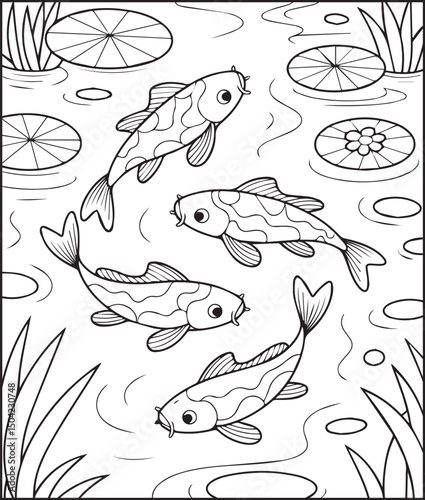 Beautiful koi fishes playing on water vector outline illustration for kids coloring book design
