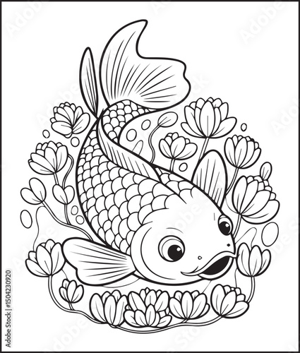Beautiful koi fish with flower on water vector outline illustration for kids coloring book design