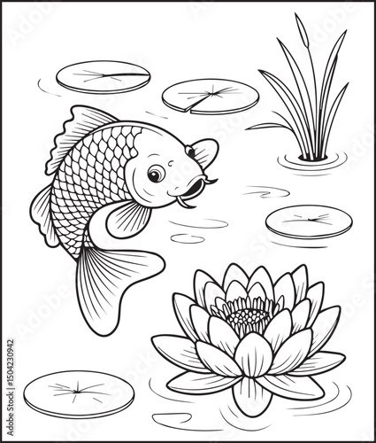 Beautiful koi fish with flower on water vector outline illustration for kids coloring book design