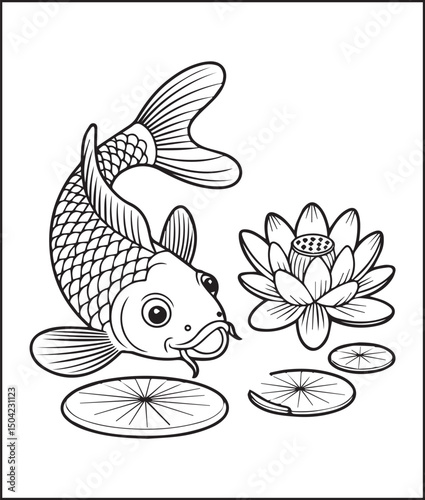 Beautiful koi fish with flower on water vector outline illustration for kids coloring book design